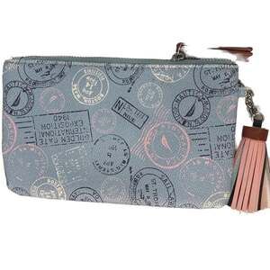 Nautica Travel Themed Postcard Passport Stamp Zip Around Wristlet Wallet